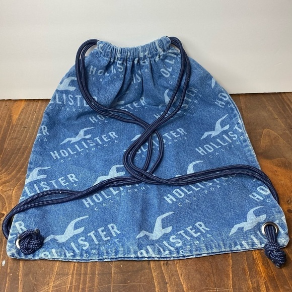 Y2K Style Hollister Bag Drawstring‎ Denim Jean Backpack with Logo - Picture 2 of 5